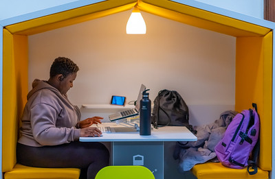 A woman with short cut black hair sits in a library pod built in the shape of a house. She is using a laptop.