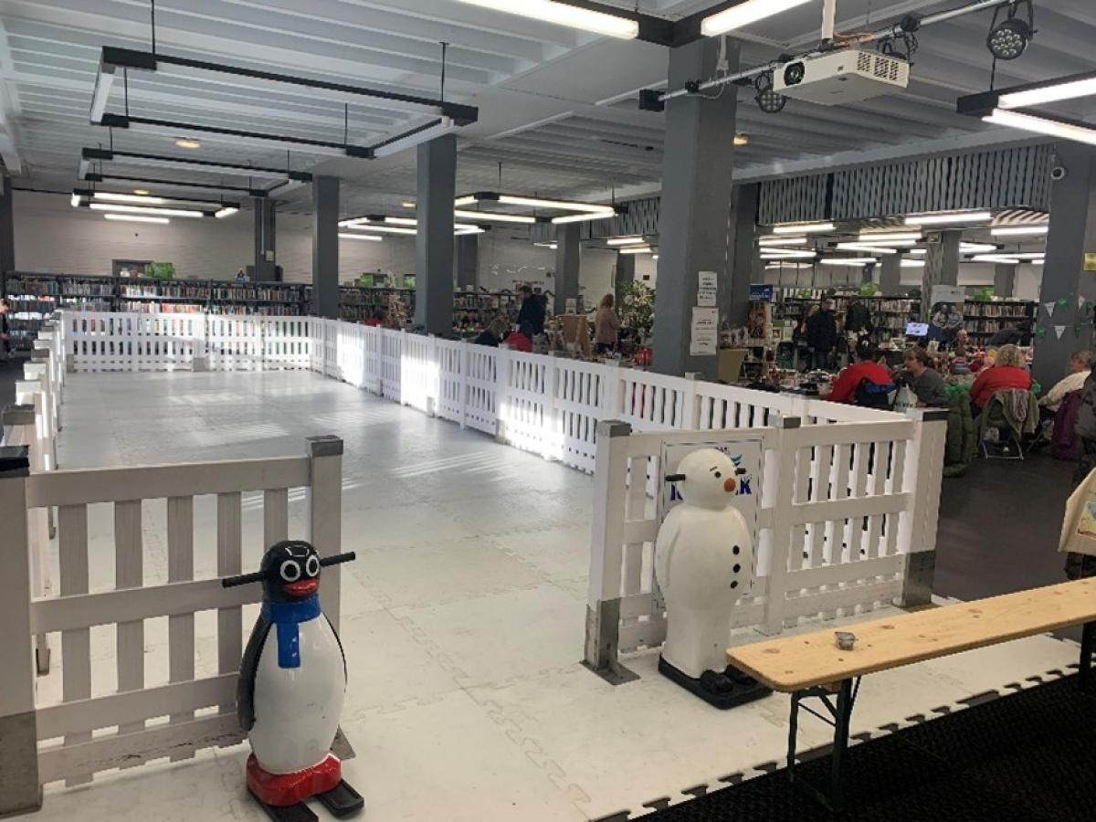 An ice rink in a library.