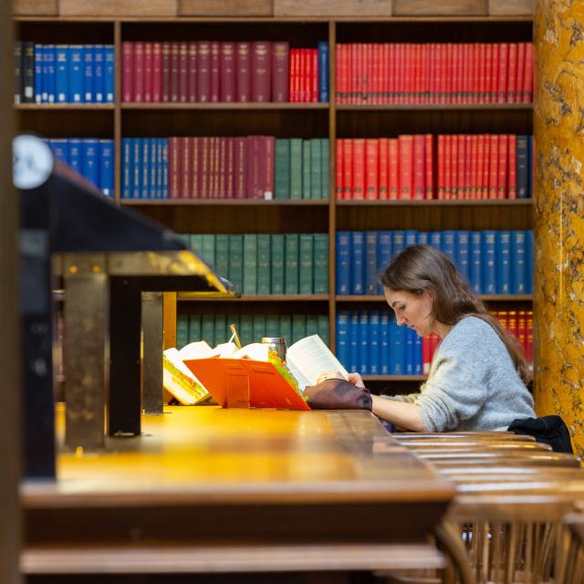 A woman sits at a desk in a library reading.