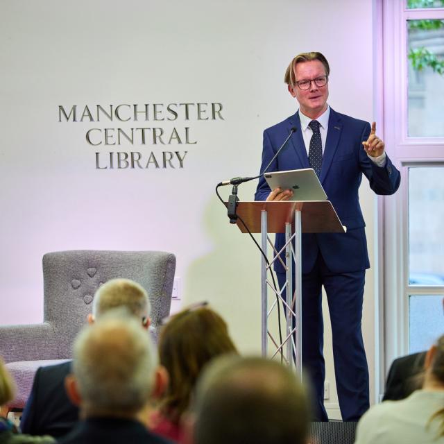 Libraries Connected President Ed Jewell delivers a speech at Manchester Central Library.