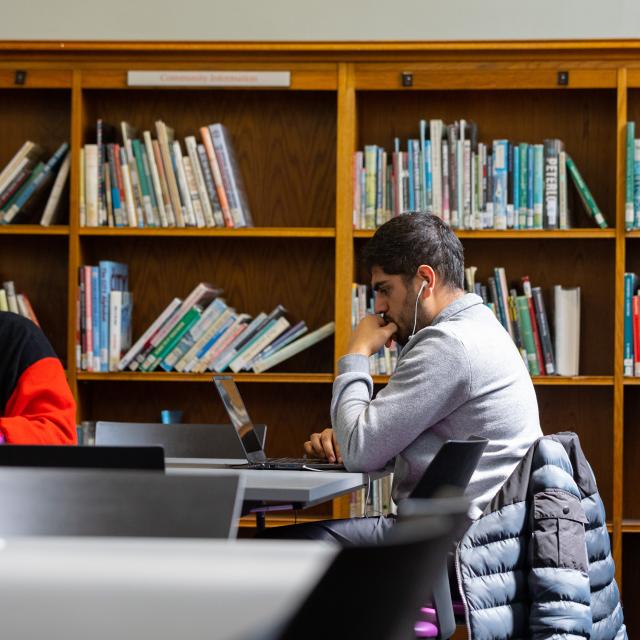 Two young men sit studying at laptops in a library.