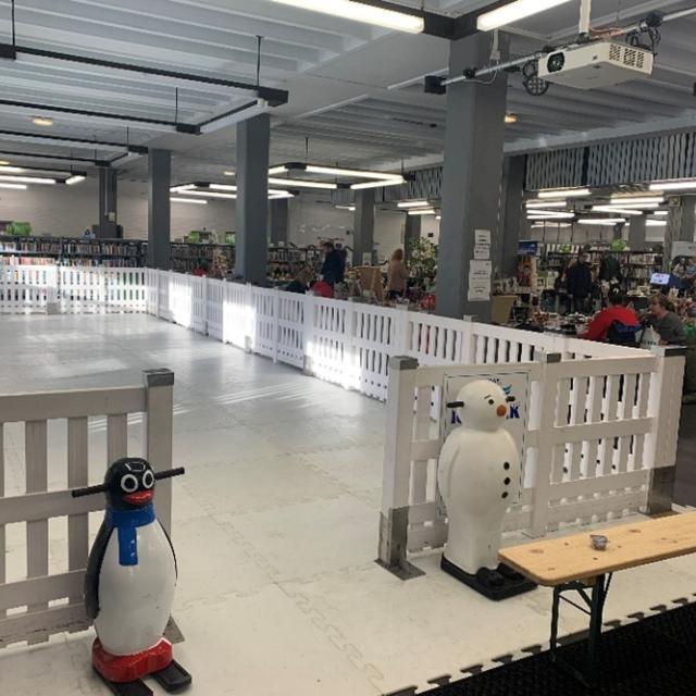 An ice rink in a library.