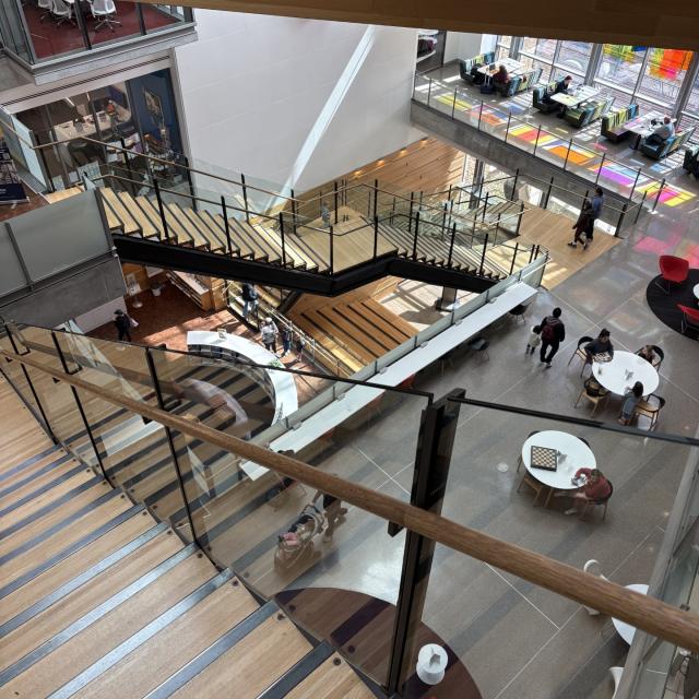 The inside of Austin Public Library in Texas showing a set of stairs.